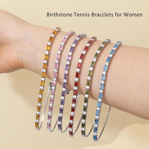 Birthstone Tennis Bracelet for Women Sterling Silver White Gold Adjustable 6-9 i - Picture 4 of 7